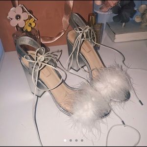 Topshop silver lace up marabou heels